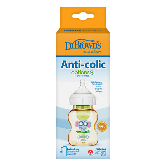Dr. Brown’s Anti-Colic Options+ PPSU Wide Neck 5oz/150ml Bottle, Elephant, 1 Bottle, Level 1 Teat