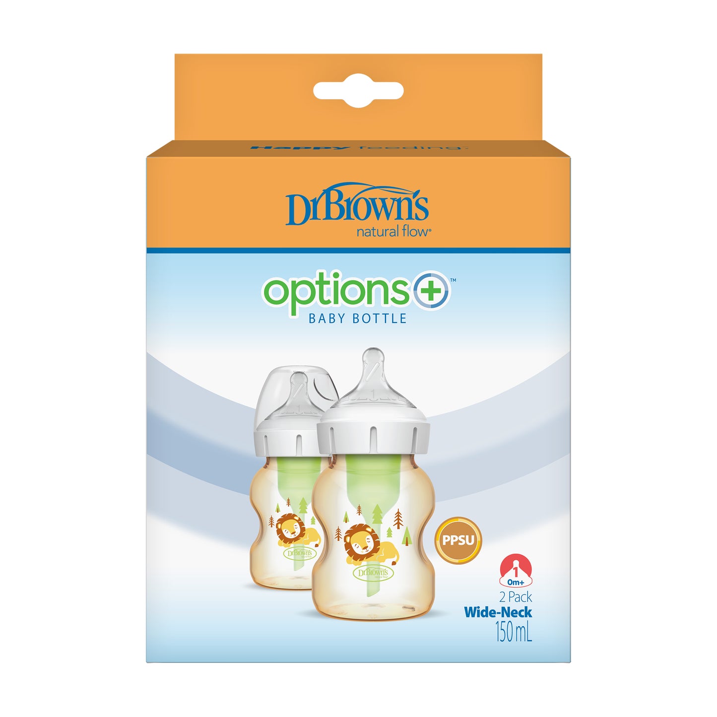 Dr. Brown’s Anti-Colic Options+ PPSU Wide Neck 5oz/150ml Bottle, Lion, 2 Bottles, Level 1 Teat