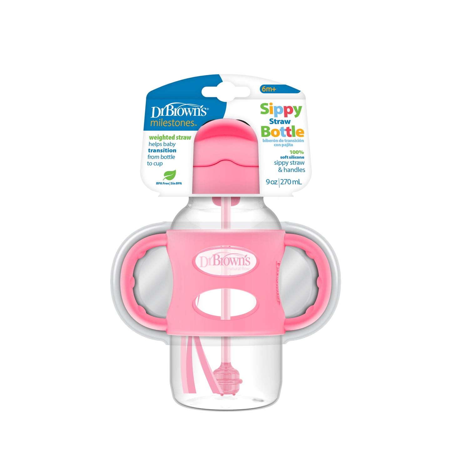 Dr. Brown's Anti-Colic Options+ PP Wide Neck 9oz/270ml Sippy Straw Bottle, (Pink/Green), 1 Bottle, Level 1 Teat