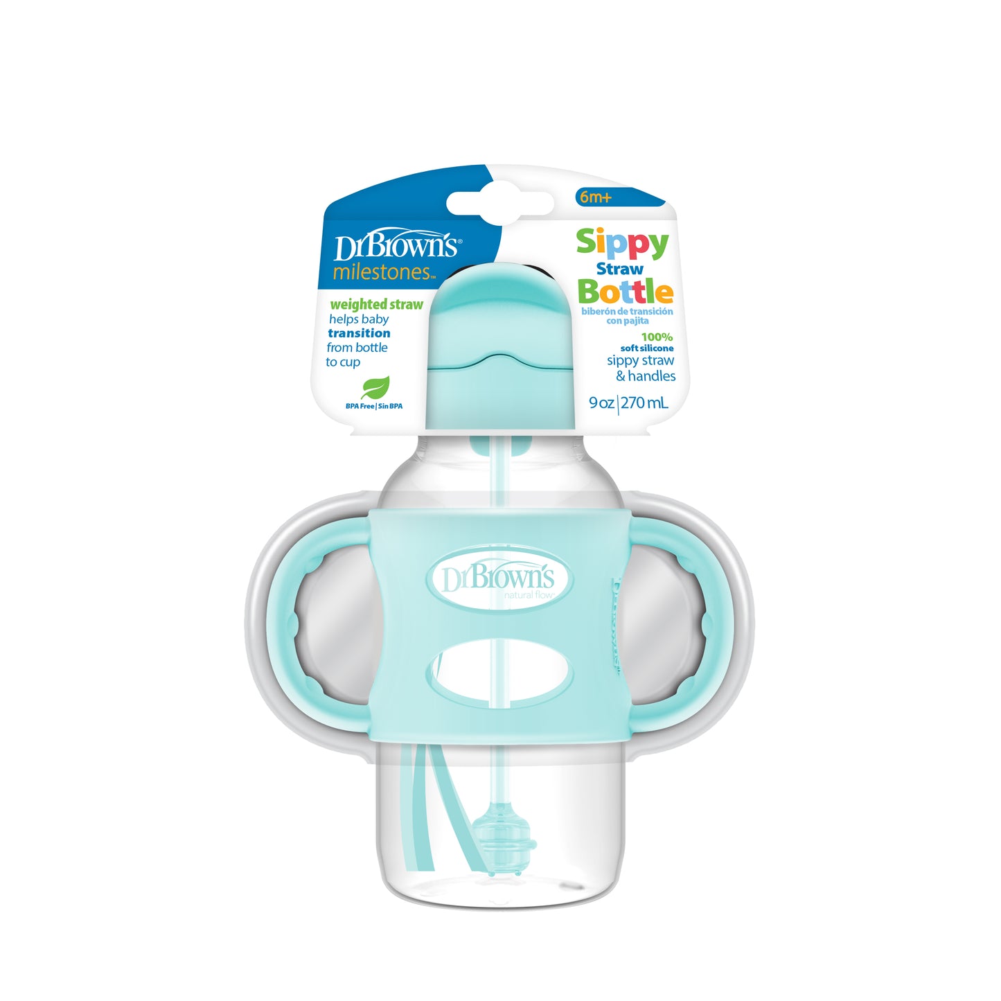 Dr. Brown's Anti-Colic Options+ PP Wide Neck 9oz/270ml Sippy Straw Bottle, (Pink/Green), 1 Bottle, Level 1 Teat