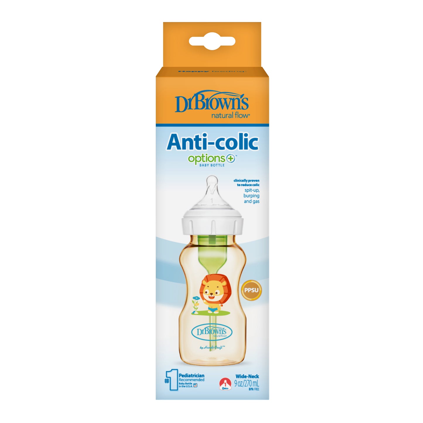 Dr. Brown’s Anti-Colic Options+ PPSU Wide Neck 9oz/270ml Bottle, Lion, 1 Bottle, Level 1 Teat