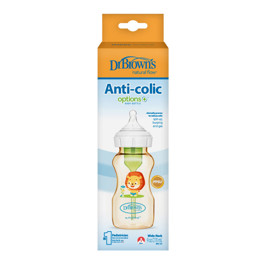 Dr. Brown’s Anti-Colic Options+ PPSU Wide Neck 9oz/270ml Bottle, Lion, 1 Bottle, Level 1 Teat
