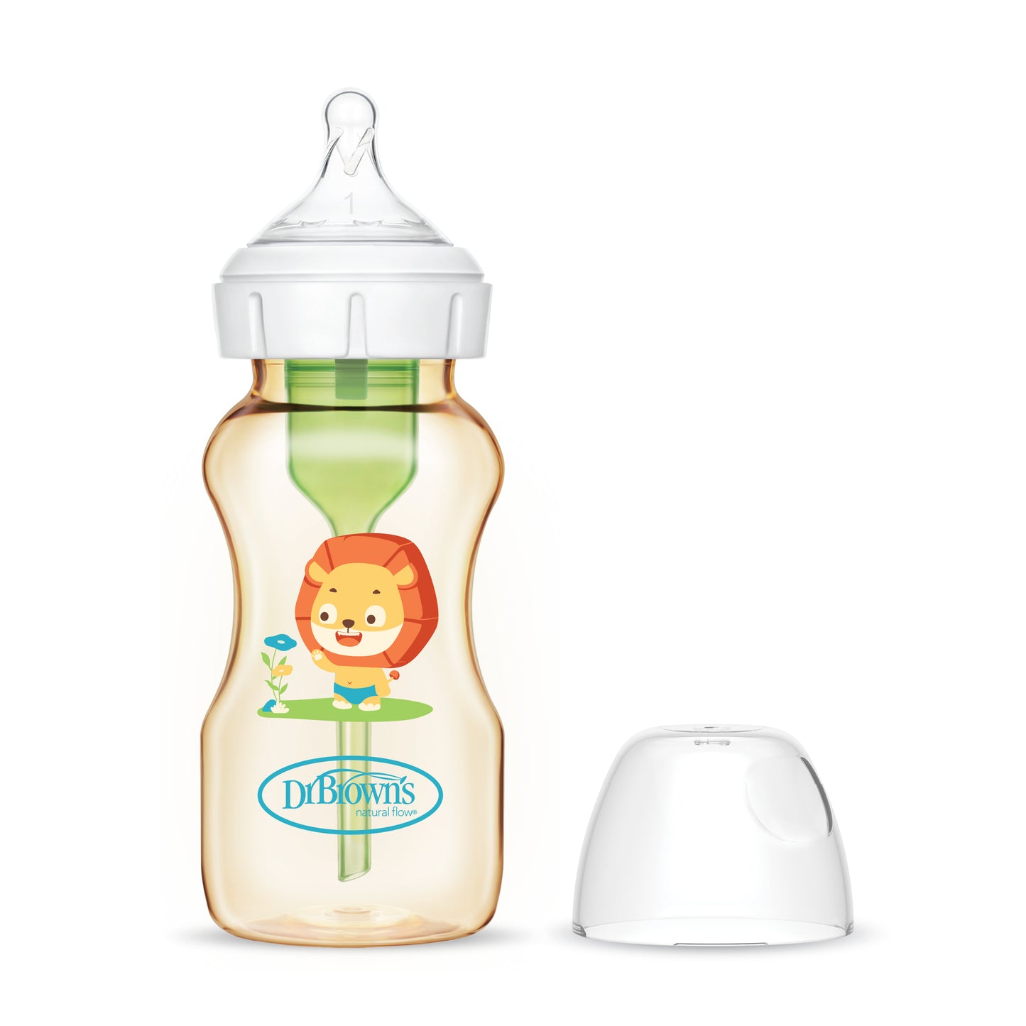 Dr. Brown’s Anti-Colic Options+ PPSU Wide Neck 9oz/270ml Bottle, Lion, 1 Bottle, Level 1 Teat