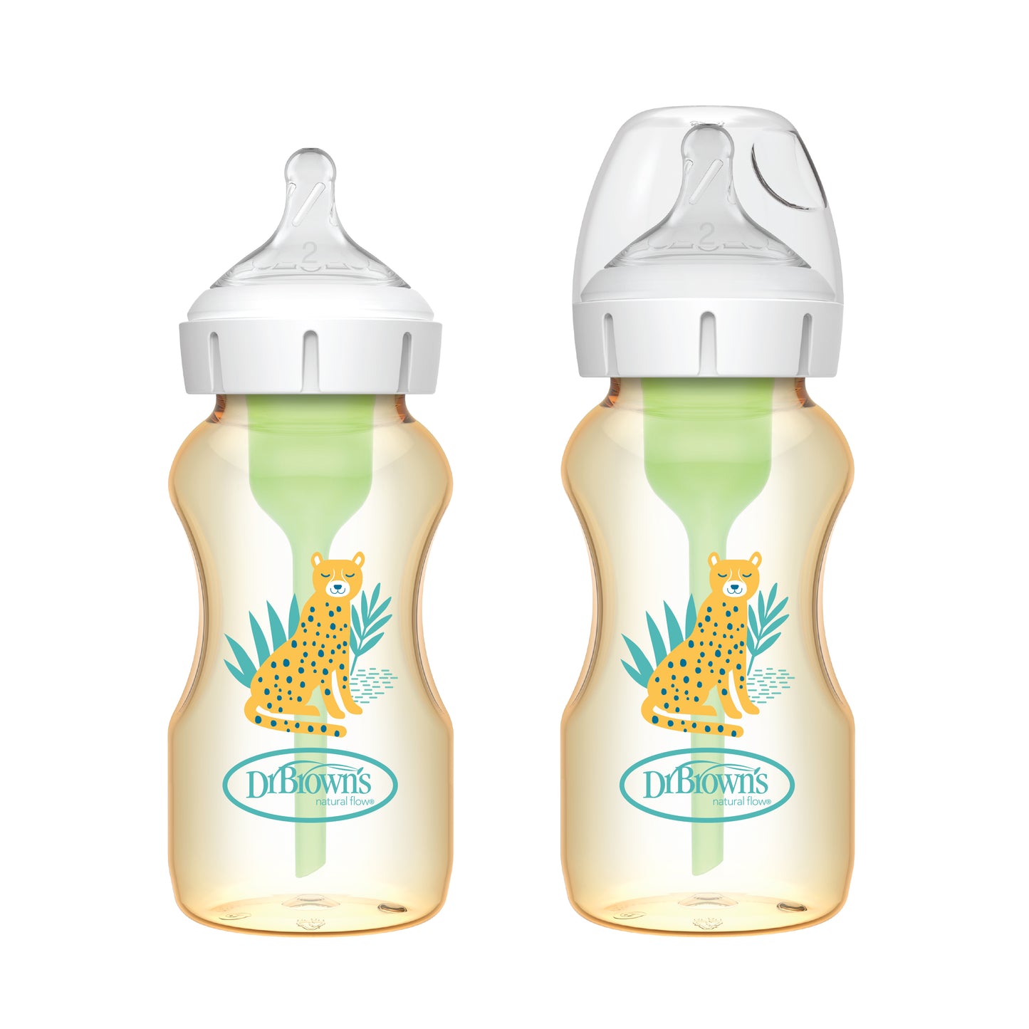 Dr. Brown’s Anti-Colic Options+ PPSU Wide Neck 9oz/270ml Bottle, Cheetah, 2 Bottles, Level 1 Teat