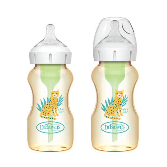 Dr. Brown’s Anti-Colic Options+ PPSU Wide Neck 9oz/270ml Bottle, Cheetah, 2 Bottles, Level 1 Teat