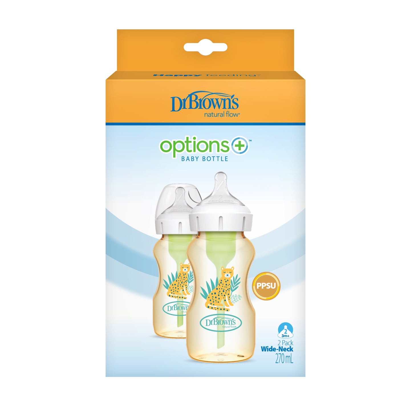 Dr. Brown’s Anti-Colic Options+ PPSU Wide Neck 9oz/270ml Bottle, Cheetah, 2 Bottles, Level 1 Teat