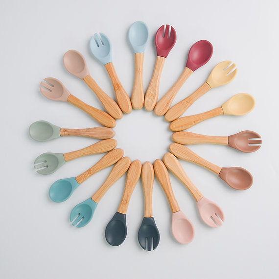 Minikoioi Dig In Silicone Spoon And Fork With Bamboo Handle 2 Pcs