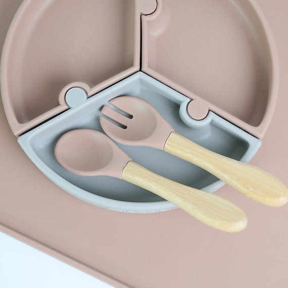 Minikoioi Dig In Silicone Spoon And Fork With Bamboo Handle 2 Pcs