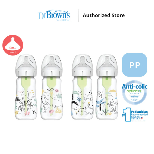 Dr. Brown's Anti-Colic Options+ PP Wide Neck 9oz/270ml Bottle, Multi Dino/Ocean Whale, 2 Bottles, Level 1 Teat