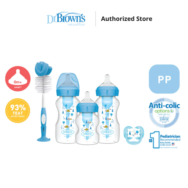 Dr. Brown's Anti-Colic Options+ PP Wide Neck Baby Bottle Gift Set - BPA/PFOA Free, Silicone Nipple, Anti-Reflux - Blue/Pink