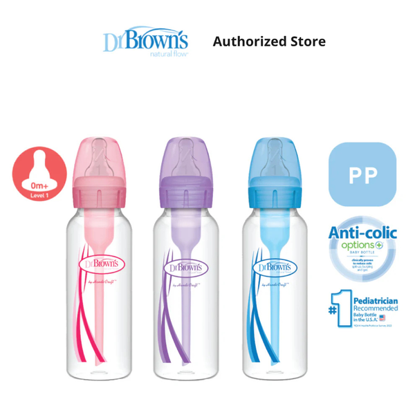 Dr. Brown's Anti-Colic Options+ PP Narrow Neck 8oz/250ml Bottle, Pink/Purple/Blue, 2 Bottles, Level 1 Teat