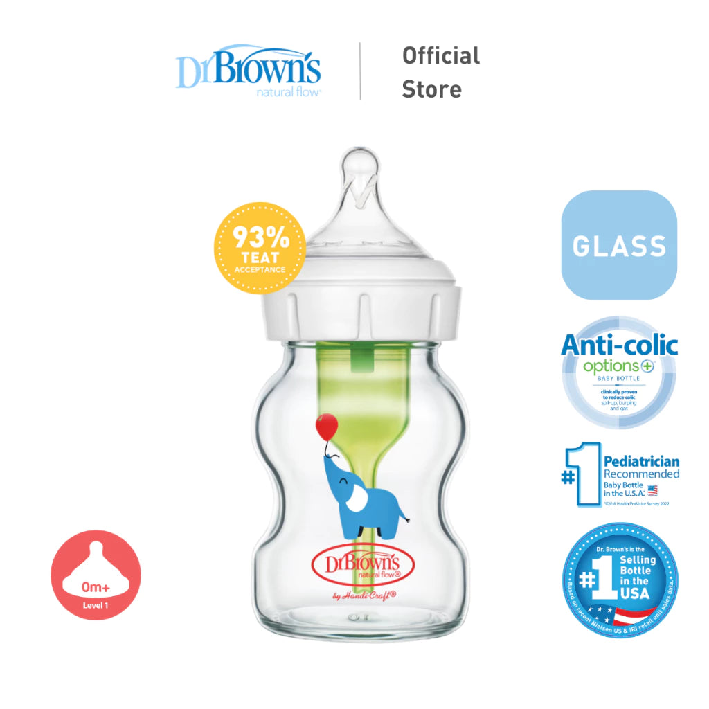 Dr. Brown’s Options+ Glass Wide Neck 5oz/150ml Feeding Bottle, 1 Bottle with Level 1 Teat