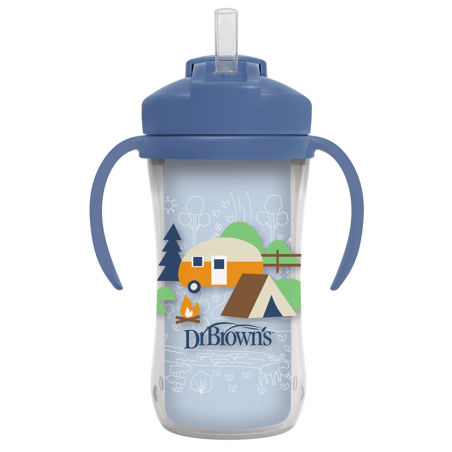 Dr. Brown's 10oz/300ml Insulated Straw Cup with Handles, Spill-proof with Lid, Pink Strawberries/Blue Camping Site, 1pk