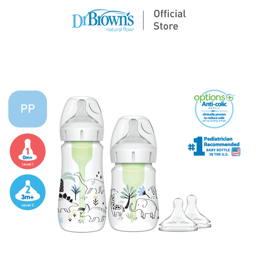 Dr. Brown's Anti-Colic Options+ PP Wide Neck Sampler Kit, Jungle+Dino, 2 Bottles, (1x5oz/150ml lvl 1, 1x9oz/270ml lvl 2)