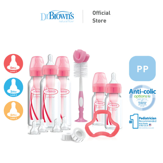 Dr. Brown's Anti-Colic Options+ PP Narrow Neck Baby Bottle Gift Set - BPA/PFOA Free, Silicone Nipple, Anti-Reflux - Blue/Pink