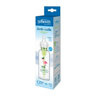 Dr. Brown's Anti-Colic Options+ Glass Narrow Neck 8oz/250ml Bottle, Flamingo, 1 Bottle, Level 2 Teat
