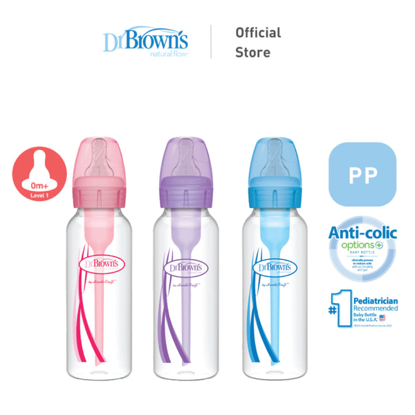 Dr. Brown's Anti-Colic Options+ PP Narrow Neck 8oz/250ml Bottle, Pink/Purple/Blue, 2 Bottles, Level 1 Teat