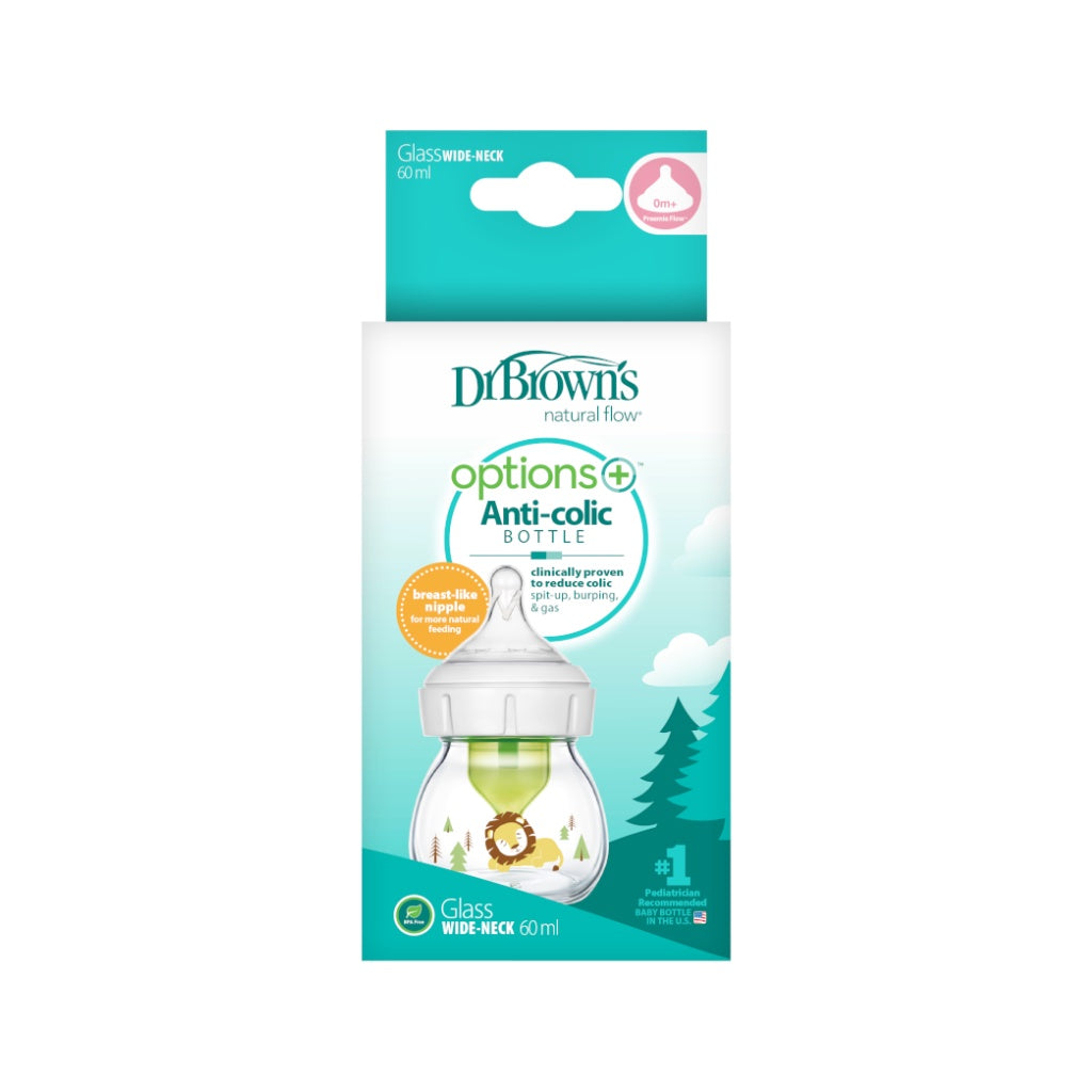 Dr. Brown’s Options+ Glass Wide Neck 2oz/60ml Feeding Bottle, 1 Bottle with Preemie Teat