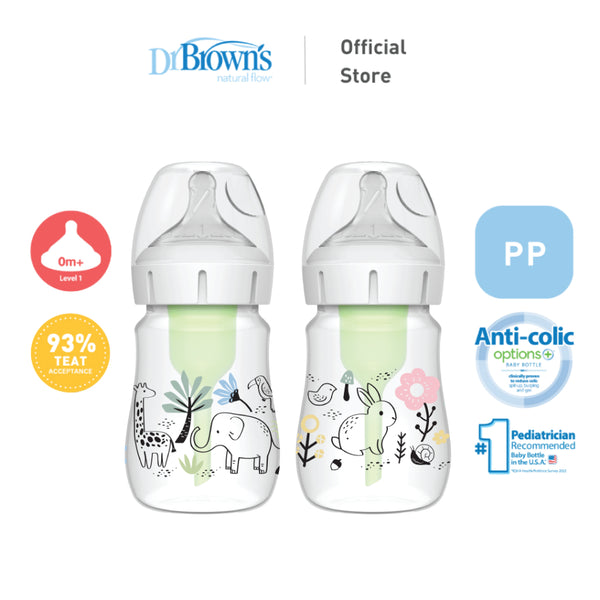 Dr. Brown's Anti-Colic Newborn Options+ PP Wide Neck 5oz/150ml Bottle, Jungle Elephant/Woodland Bunny, 1 Bottle, Level 1 Teat