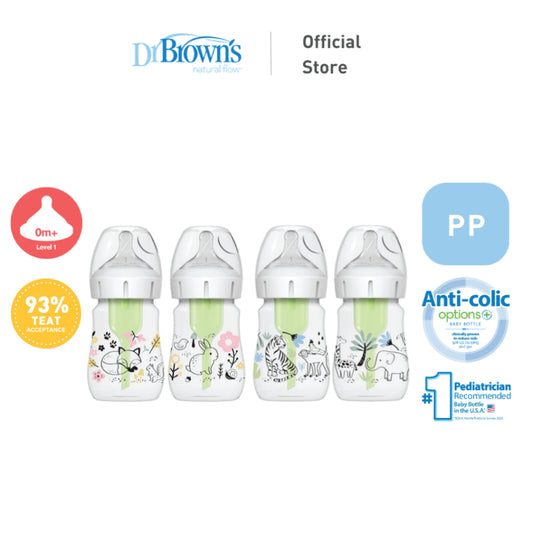 Dr Brown's Options+ PP Wide-Neck 5oz/150mL Feeding Bottle, Jungle/Woodland, 2 Bottles with Level 1 Teat