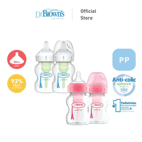 Dr. Brown's Anti-Colic Newborn Options+ PP Wide Neck 5oz/150ml Bottle, White/Pink, 2 Bottles, Level 1 Teat