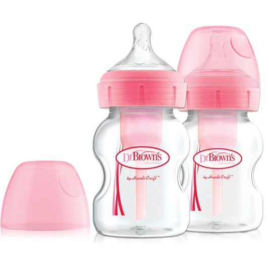 Dr. Brown's Anti-Colic Newborn Options+ PP Wide Neck 5oz/150ml Bottle, White/Pink, 2 Bottles, Level 1 Teat
