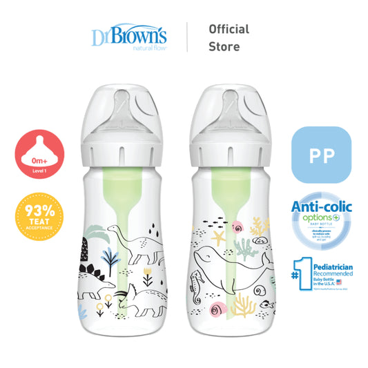 Dr Brown's Options+ PP Wide-Neck 9oz/270mL Feeding Bottle, Multi Dino/Ocean Whale, 1 Bottle With Level 1 Teat