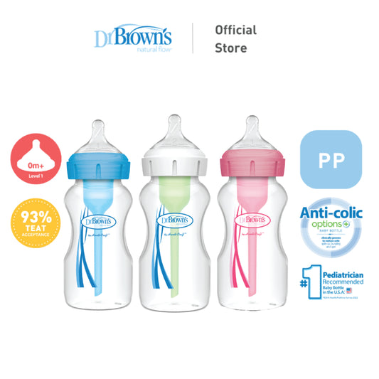 Dr Brown's Options+ PP Wide-Neck 9oz/270ml Feeding Bottle, Pink/White/Blue, 1 Bottle with Level 1 Teat