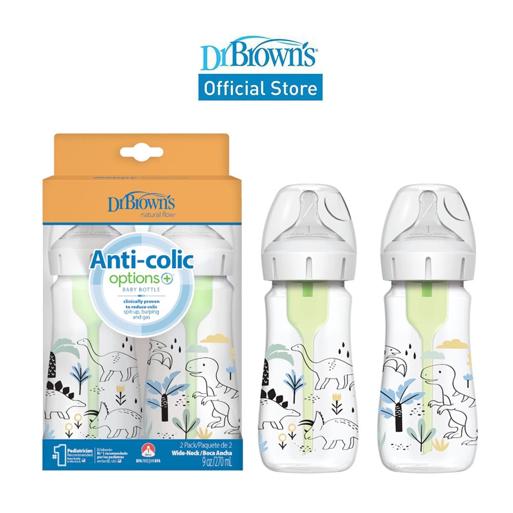 Dr. Brown's Anti-Colic Options+ PP Wide Neck 9oz/270ml Bottle, Multi Dino/Ocean Whale, 2 Bottles, Level 1 Teat