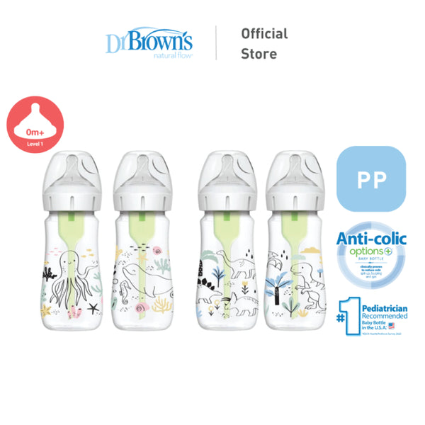 Dr. Brown's Anti-Colic Options+ PP Wide Neck 9oz/270ml Bottle, Multi Dino/Ocean Whale, 2 Bottles, Level 1 Teat