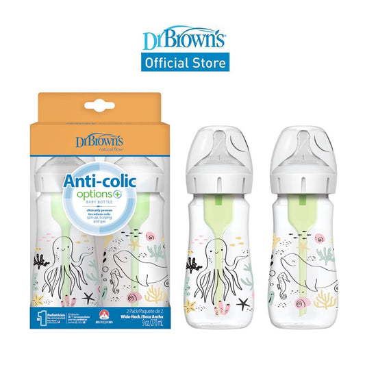 Dr. Brown's Anti-Colic Options+ PP Wide Neck 9oz/270ml Bottle, Multi Dino/Ocean Whale, 2 Bottles, Level 1 Teat