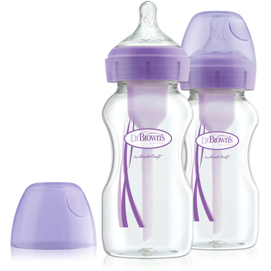 Dr. Brown's Anti-Colic Options+ PP Wide Neck 9oz/270ml Bottle, Pink/White/Blue/Purple, 2 Bottles, Level 1 Teat