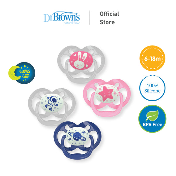 Dr. Brown's Advantage™ Glow in the Dark Pacifiers, Stage 2 for 6months+, Pink/Blue, 2 Pieces