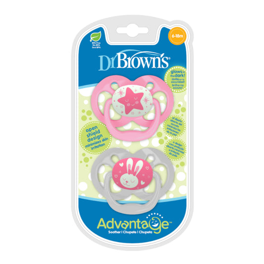 Dr. Brown's Advantage™ Glow in the Dark Pacifiers, Stage 2 for 6months+, Pink/Blue, 2 Pieces