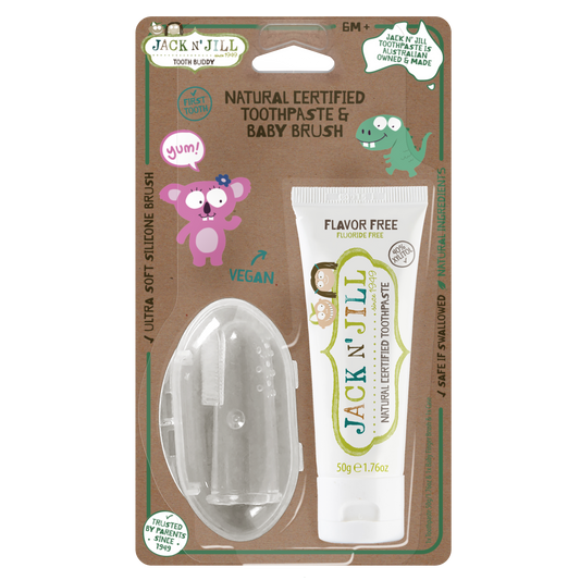 Jack N' Jill Tooth Buddy Pack - Natural Certified Toothpaste Flavor Free + Silicone Finger Brush
