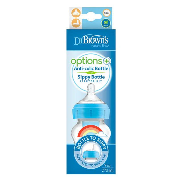Dr. Brown's Anti-Colic Options+ PP Wide Neck Sippy Spout 9oz/270ml Bottle, Blue Rainbow, 1 Bottle, Level 3 Teat + Sippy Teat
