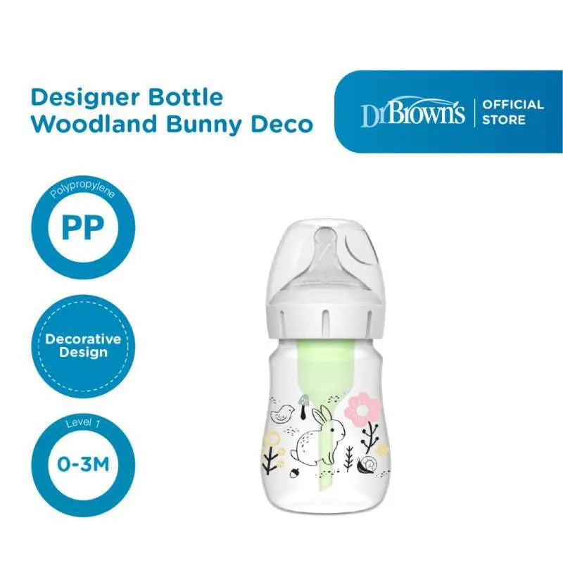 Dr. Brown's Anti-Colic Newborn Options+ PP Wide Neck 5oz/150ml Bottle, Jungle Elephant/Woodland Bunny, 1 Bottle, Level 1 Teat