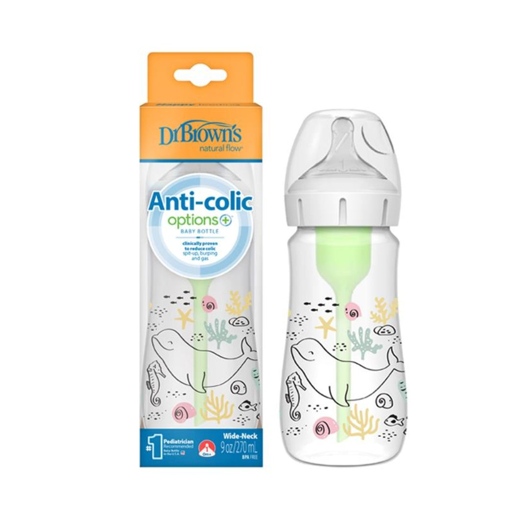 Dr. Brown's Anti-Colic Options+ PP Wide Neck 9oz/270ml Bottle, Multi Dino/Ocean Whale, 1 Bottle, Level 1 Teat