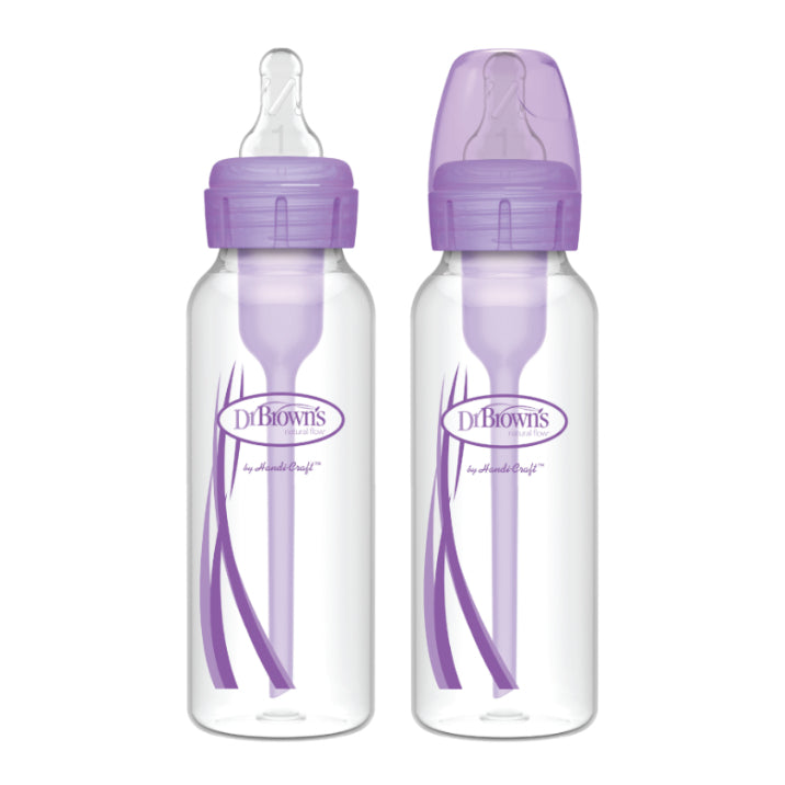 Dr. Brown's Anti-Colic Options+ PP Narrow Neck 8oz/250ml Bottle, Pink/Purple/Blue, 2 Bottles, Level 1 Teat