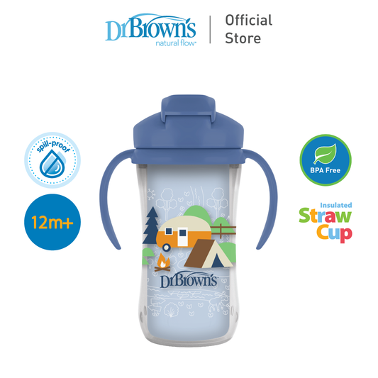 Dr. Brown's 10oz/300ml Insulated Straw Cup with Handles, Spill-proof with Lid, Pink Strawberries/Blue Camping Site, 1pk