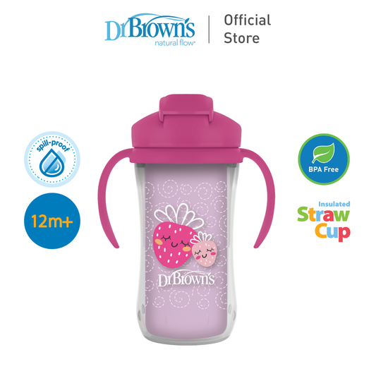 Dr. Brown's 10oz/300ml Insulated Straw Cup with Handles, Spill-proof with Lid, Pink Strawberries/Blue Camping Site, 1pk