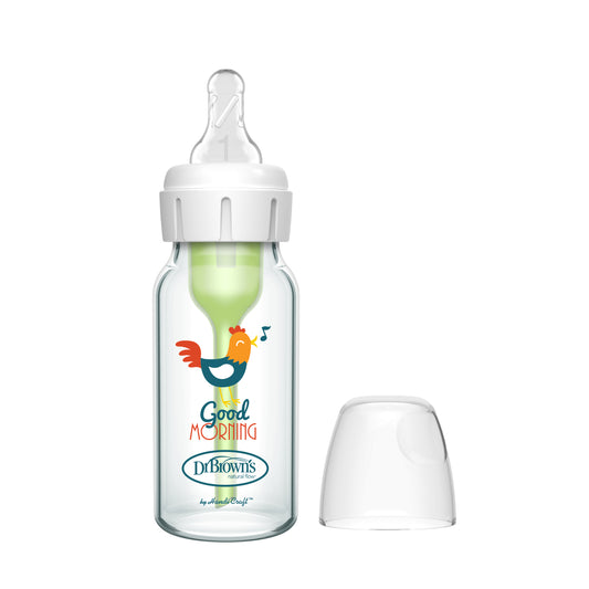 Dr. Brown's Anti-Colic Newborn Options+ Glass Narrow Neck 4oz/120ml Bottle, Rooster, 1 Bottle, Level 1 Teat