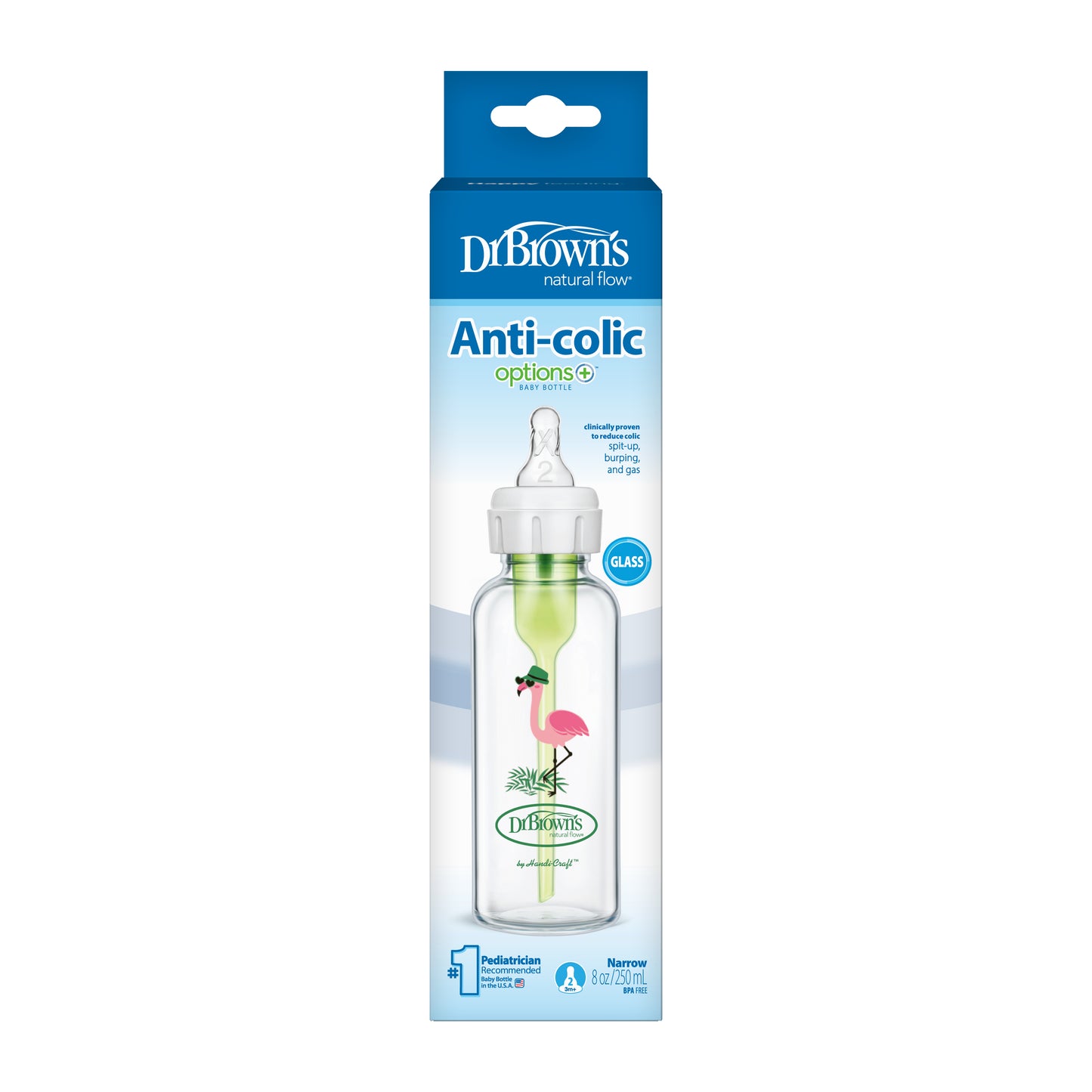 Dr. Brown's Anti-Colic Options+ Glass Narrow Neck 8oz/250ml Bottle, Flamingo, 1 Bottle, Level 2 Teat