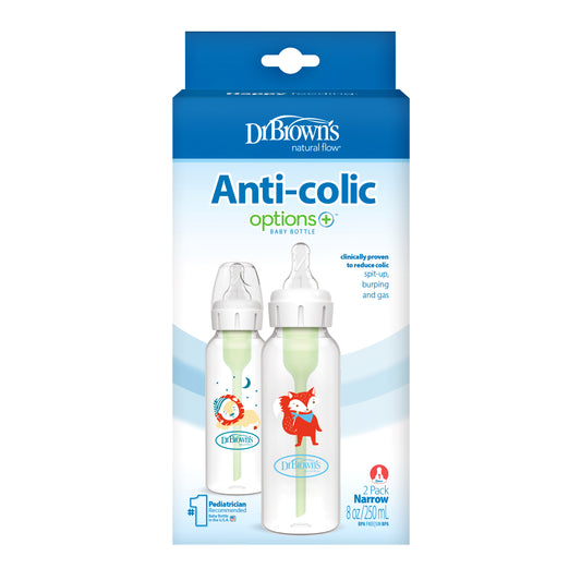 Dr. Brown's Anti-Colic Options+ PP Narrow Neck 8oz/250ml Bottle, Lion/Fox, 2 Bottles, Level 1 Teat