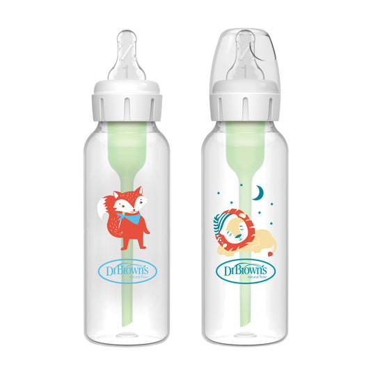 Dr. Brown's Anti-Colic Options+ PP Narrow Neck 8oz/250ml Bottle, Lion/Fox, 2 Bottles, Level 1 Teat