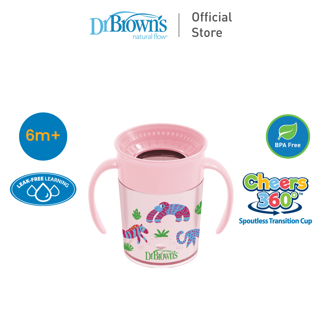 Dr. Brown's Cheers360™ Baby Toddler Spoutless Transition Feeding Cup with Handles, 7oz/200ml, Pink/Blue, 1 Pack