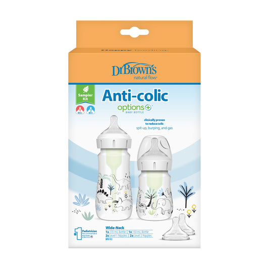 Dr. Brown's Anti-Colic Options+ PP Wide Neck Sampler Kit, Jungle+Dino, 2 Bottles, (1x5oz/150ml lvl 1, 1x9oz/270ml lvl 2)