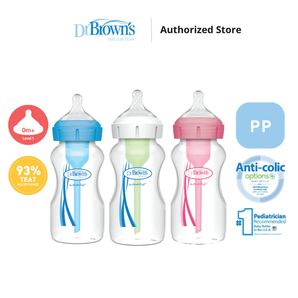 Dr. Brown's Anti-Colic Options+ PP Wide Neck 9oz/270ml Bottle, Pink/White/Blue/Purple, 2 Bottles, Level 1 Teat