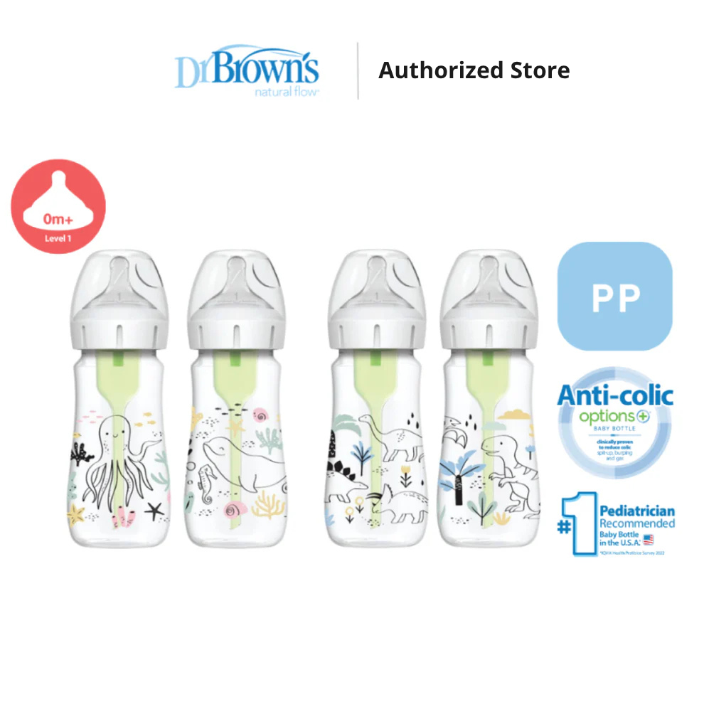 Dr. Brown's Anti-Colic Options+ PP Wide Neck 9oz/270ml Bottle, Multi Dino/Ocean Whale, 2 Bottles, Level 1 Teat