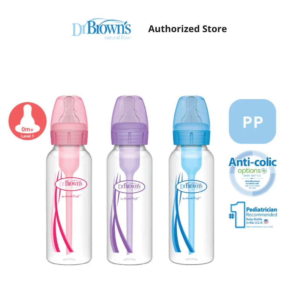 Dr. Brown's Anti-Colic Options+ PP Narrow Neck 8oz/250ml Bottle, Pink/Purple/Blue, 2 Bottles, Level 1 Teat